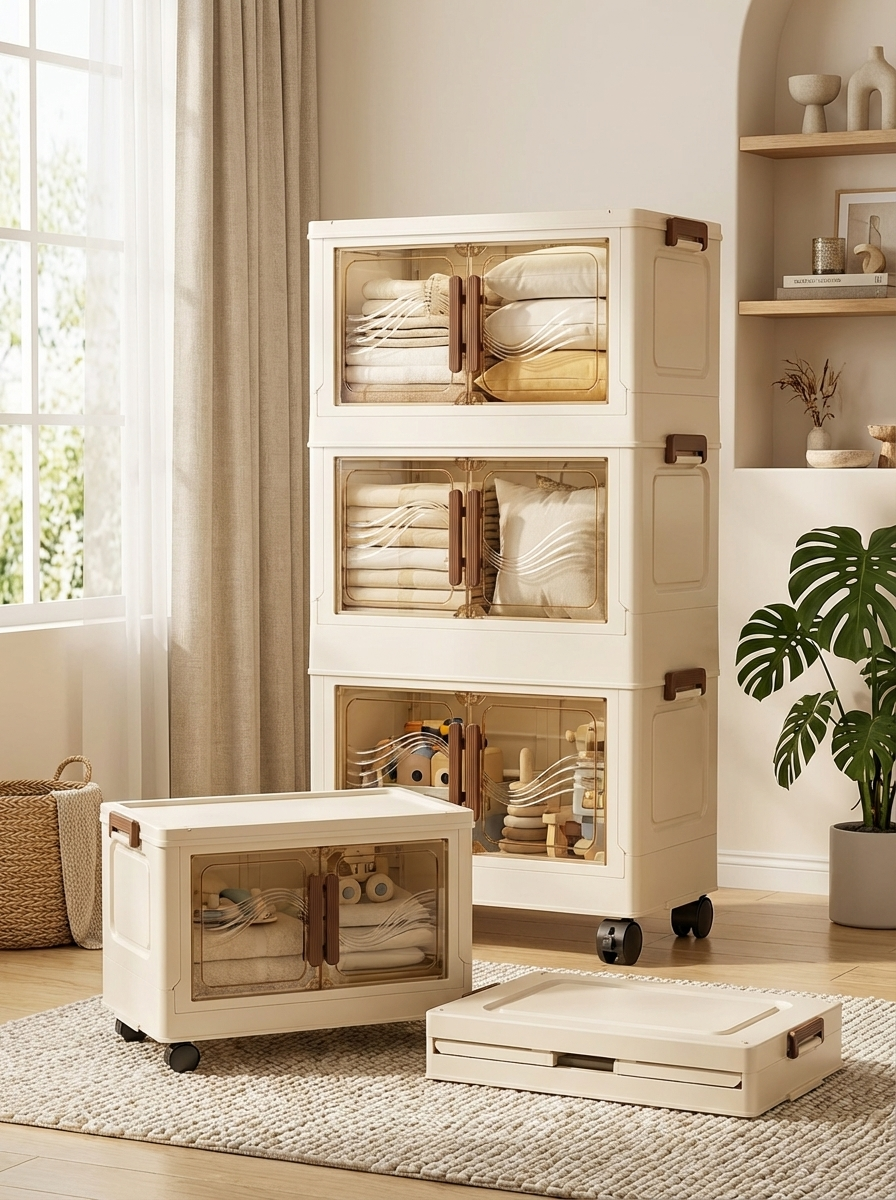 ClearNest Storage Box™ | Foldable Storage Bin with Clear Door – Stackable Organiser for Clothes, Toys & Home Storage