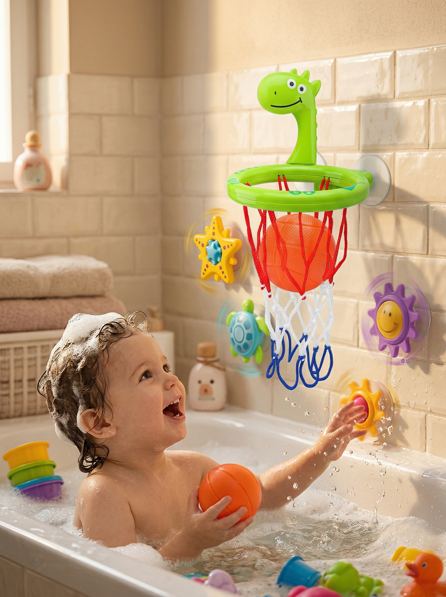 Basketball Hoop Bath Toy Set™ | Suction Cup Spinner Bath Toys for Toddlers – Fun Sensory Water Toys for Kids
