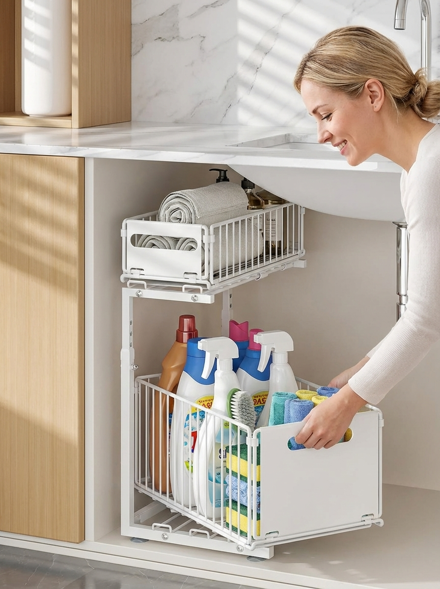 SlideNest Under Sink Organiser™ | 2-Tier Pull-Out Cabinet Storage – Adjustable Sliding Shelf for Kitchen & Bathroom