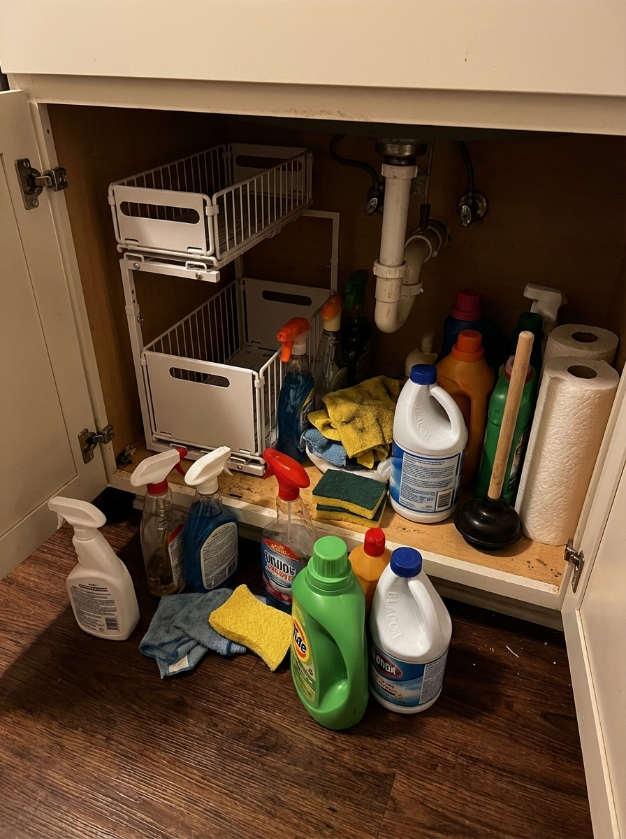 SlideNest Under Sink Organiser™ | 2-Tier Pull-Out Cabinet Storage – Adjustable Sliding Shelf for Kitchen & Bathroom