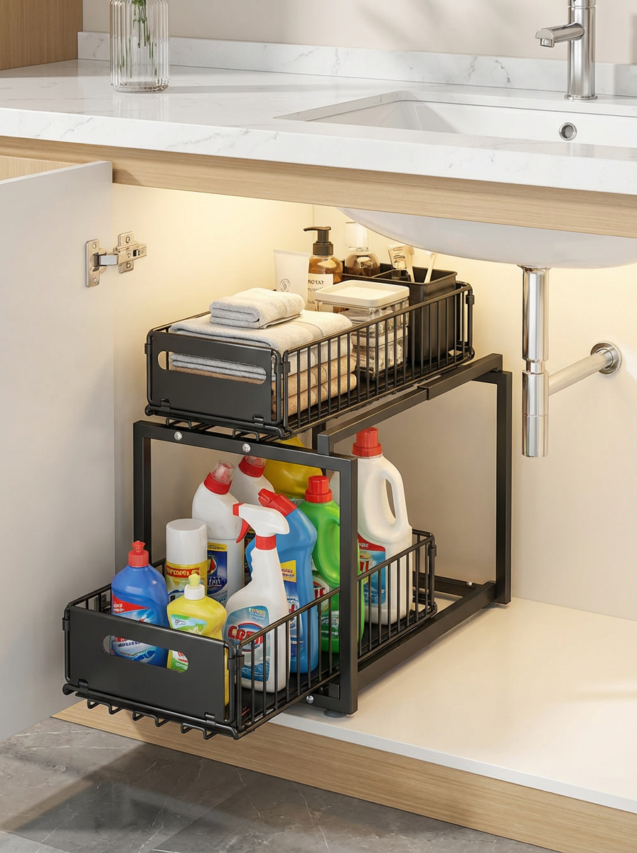 SlideNest Under Sink Organiser™ | 2-Tier Pull-Out Cabinet Storage – Adjustable Sliding Shelf for Kitchen & Bathroom