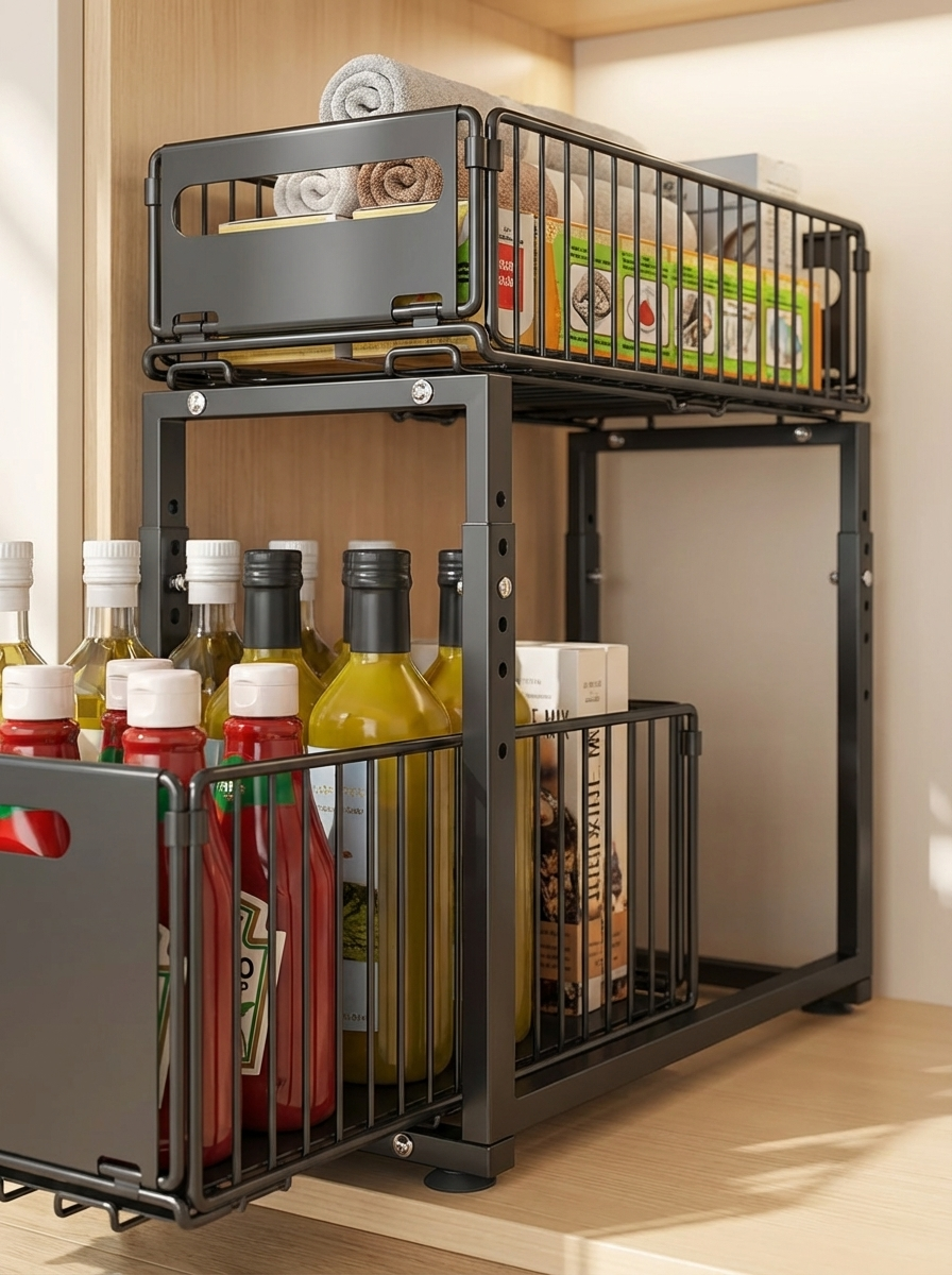 SlideNest Under Sink Organiser™ | 2-Tier Pull-Out Cabinet Storage – Adjustable Sliding Shelf for Kitchen & Bathroom