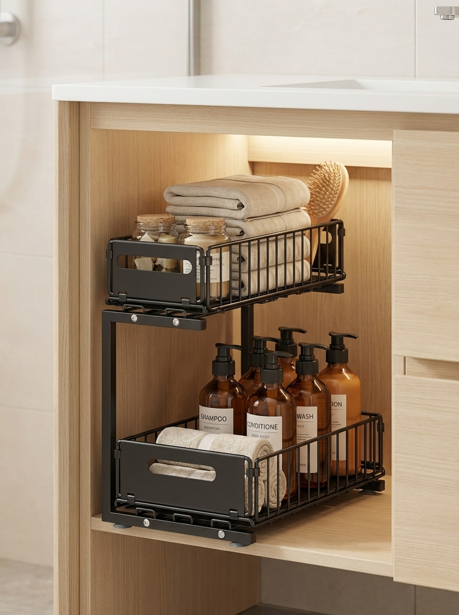 SlideNest Under Sink Organiser™ | 2-Tier Pull-Out Cabinet Storage – Adjustable Sliding Shelf for Kitchen & Bathroom