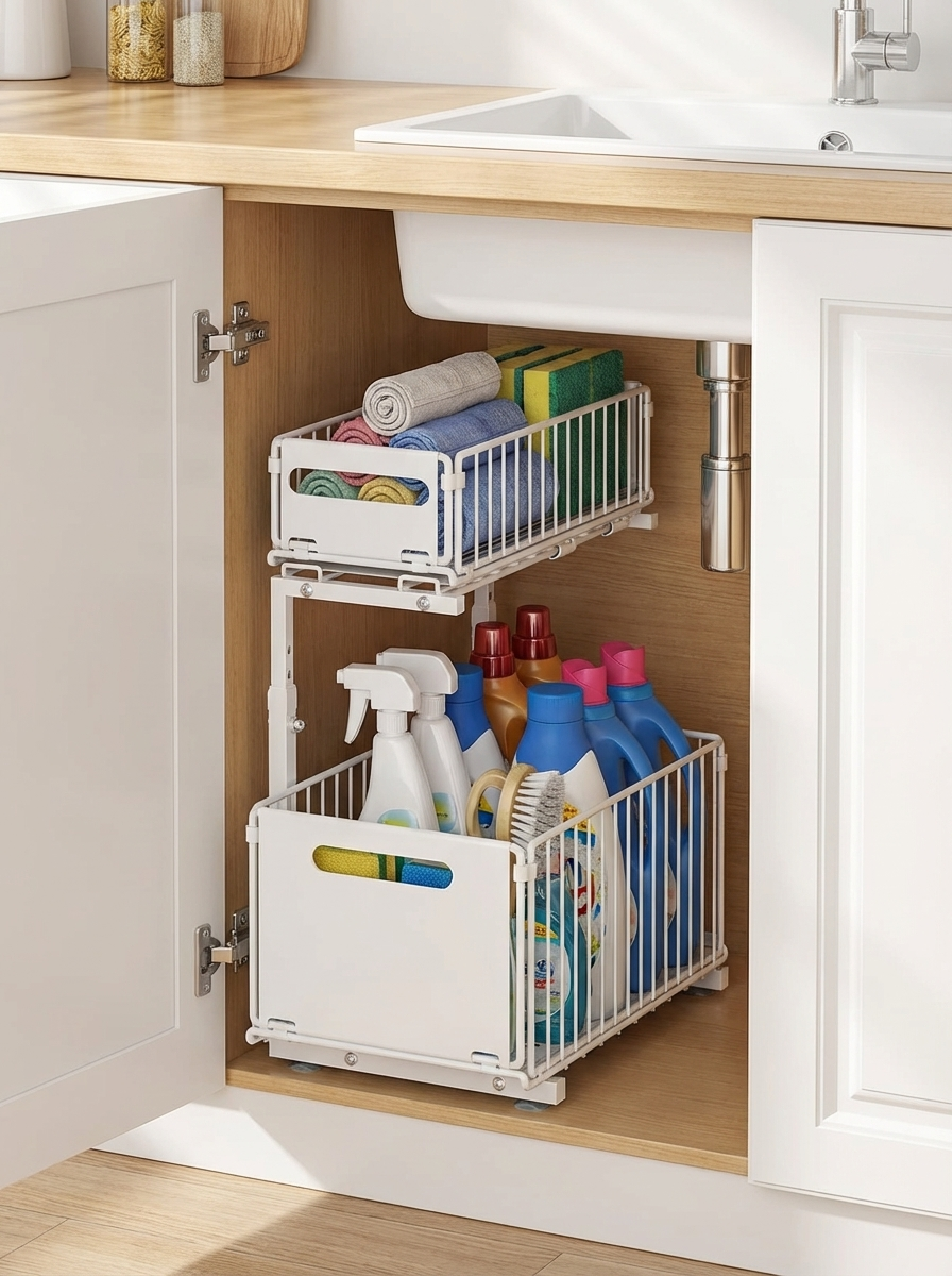 SlideNest Under Sink Organiser™ | 2-Tier Pull-Out Cabinet Storage – Adjustable Sliding Shelf for Kitchen & Bathroom