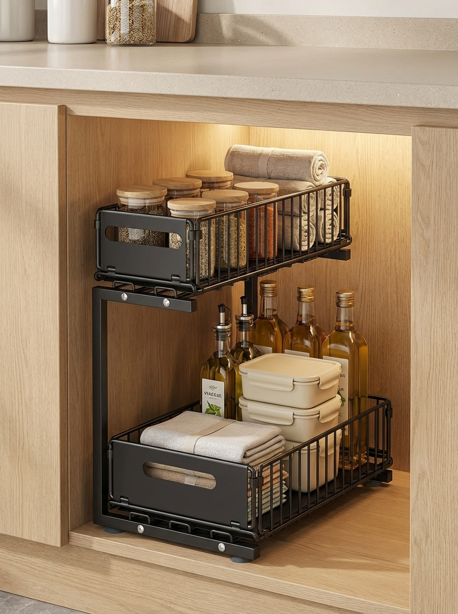 SlideNest Under Sink Organiser™ | 2-Tier Pull-Out Cabinet Storage – Adjustable Sliding Shelf for Kitchen & Bathroom
