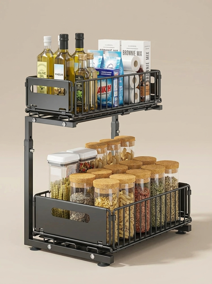 SlideNest Under Sink Organiser™ | 2-Tier Pull-Out Cabinet Storage – Adjustable Sliding Shelf for Kitchen & Bathroom