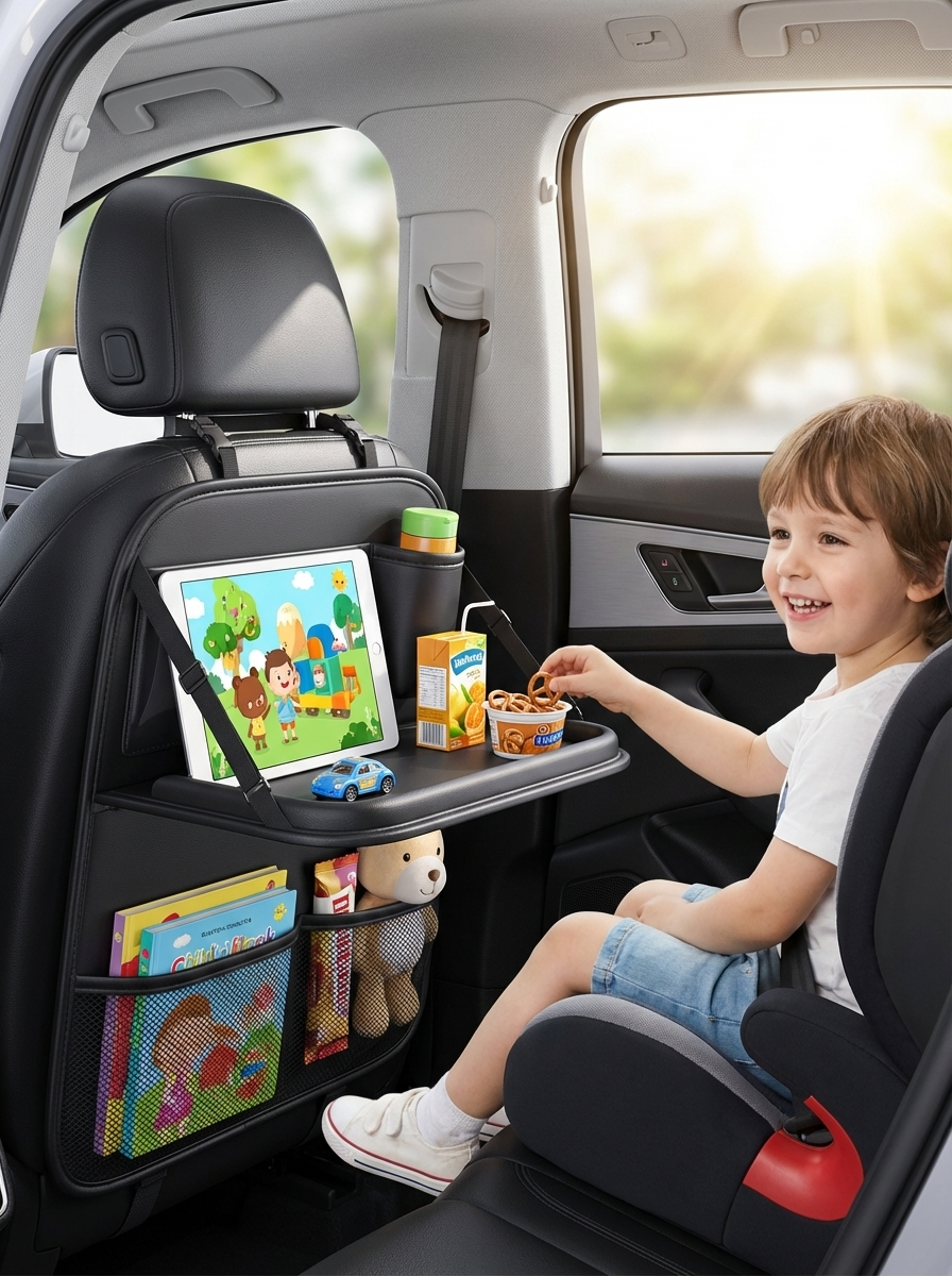 Car Seat Back Organizer for Kids with Foldable Tray Multi-Pocket Storage Bag Wear-Resistant Anti-Kick Pad Backseat Organization