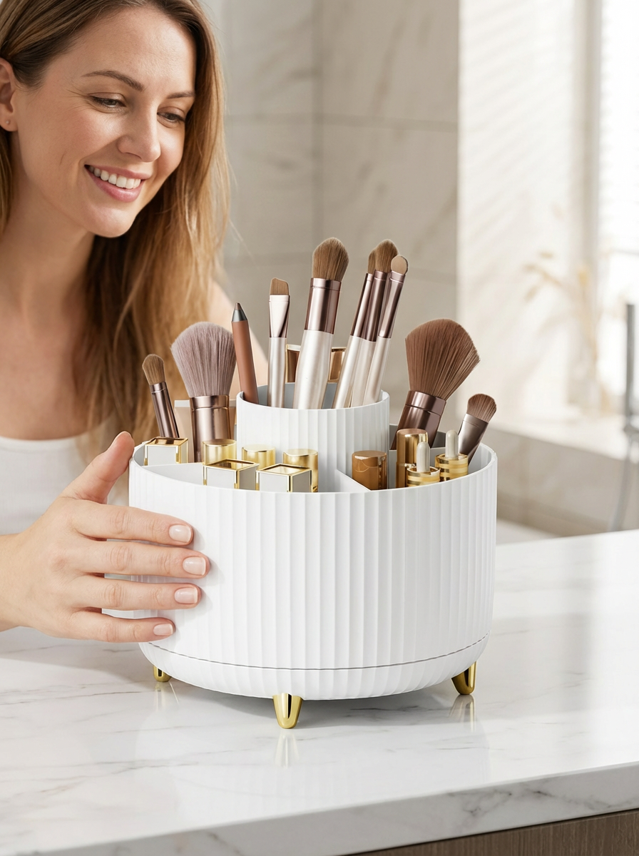 GlowNest Beauty Organiser™ | 360° Rotating Makeup Storage Box – Large Capacity Cosmetic Organiser for Bathroom & Vanity