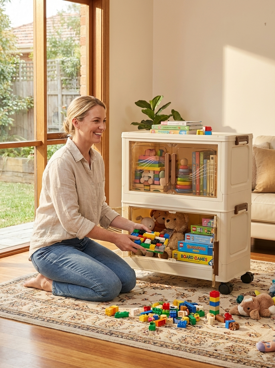 ClearNest Storage Box™ | Foldable Storage Bin with Clear Door – Stackable Organiser for Clothes, Toys & Home Storage