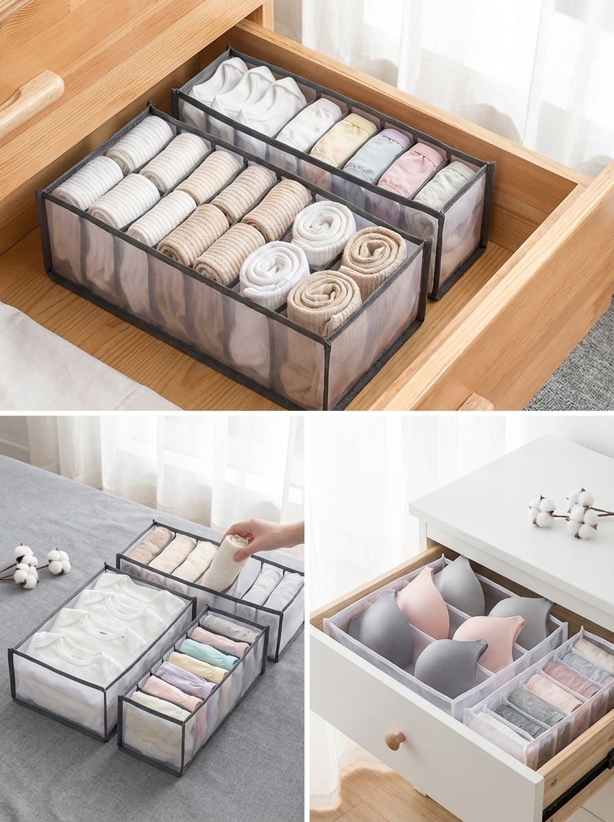 TidyNest Drawer Organisers™ | Foldable Underwear & Sock Storage Boxes – Closet Drawer Dividers for Clothes Organisation
