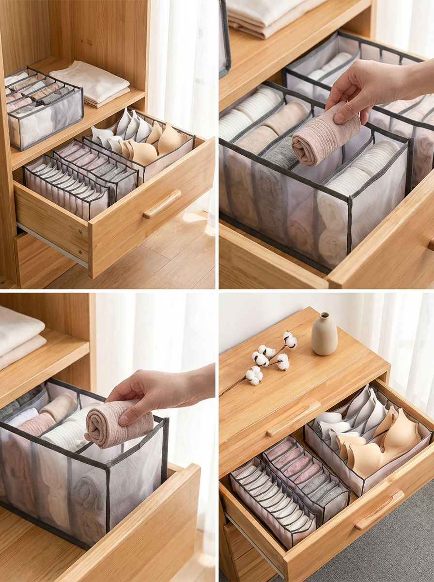 TidyNest Drawer Organisers™ | Foldable Underwear & Sock Storage Boxes – Closet Drawer Dividers for Clothes Organisation